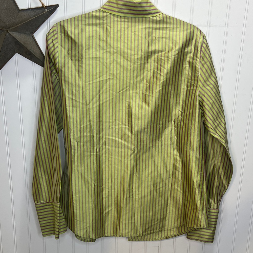 Silk Olive Pink and Teal Striped  Button Down Shirt - Picture 9 of 11